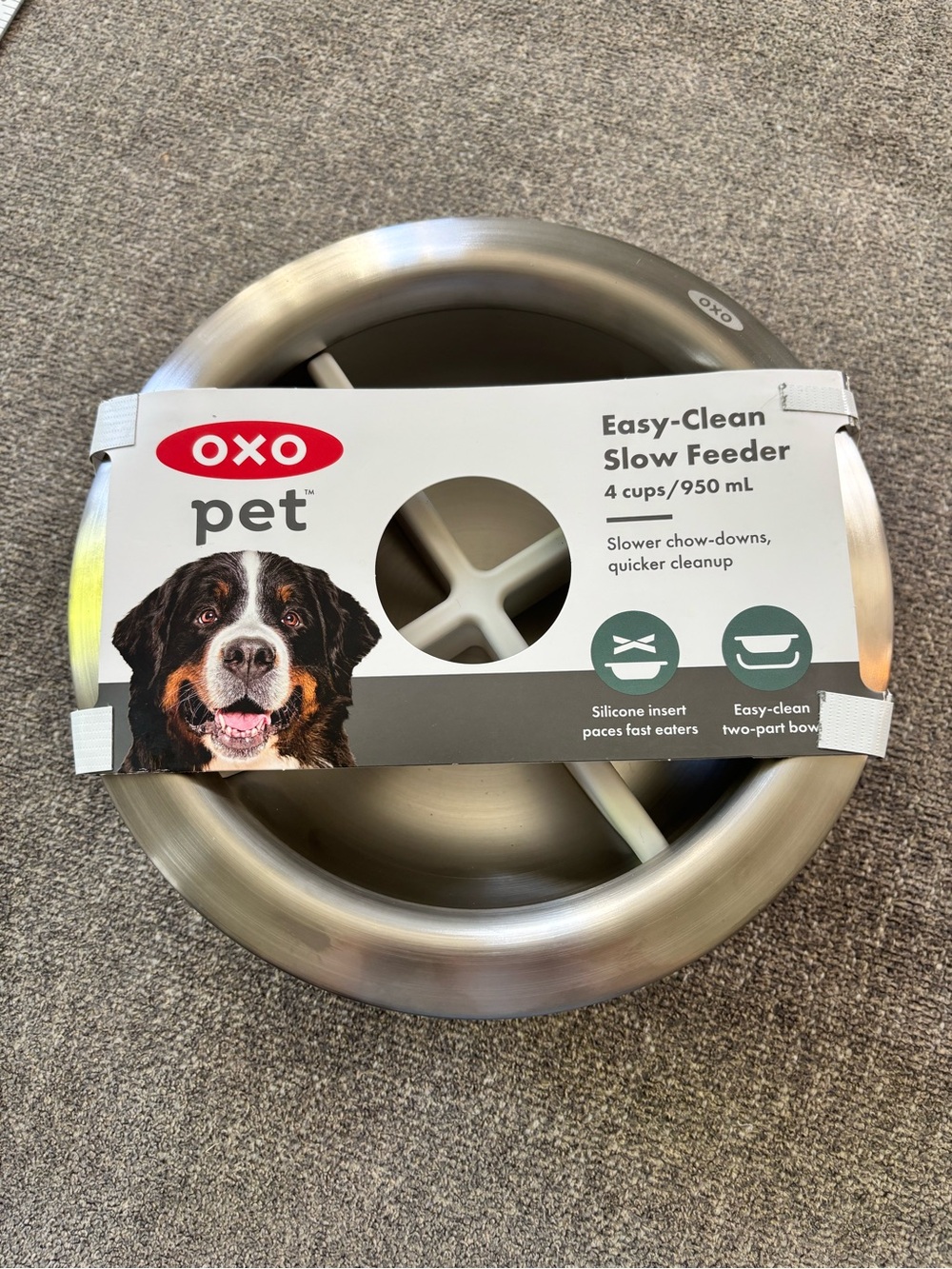 OXO Stainless Steel Silicone Dog Food Slow Feeder Bowl 4 cup capacity NWT